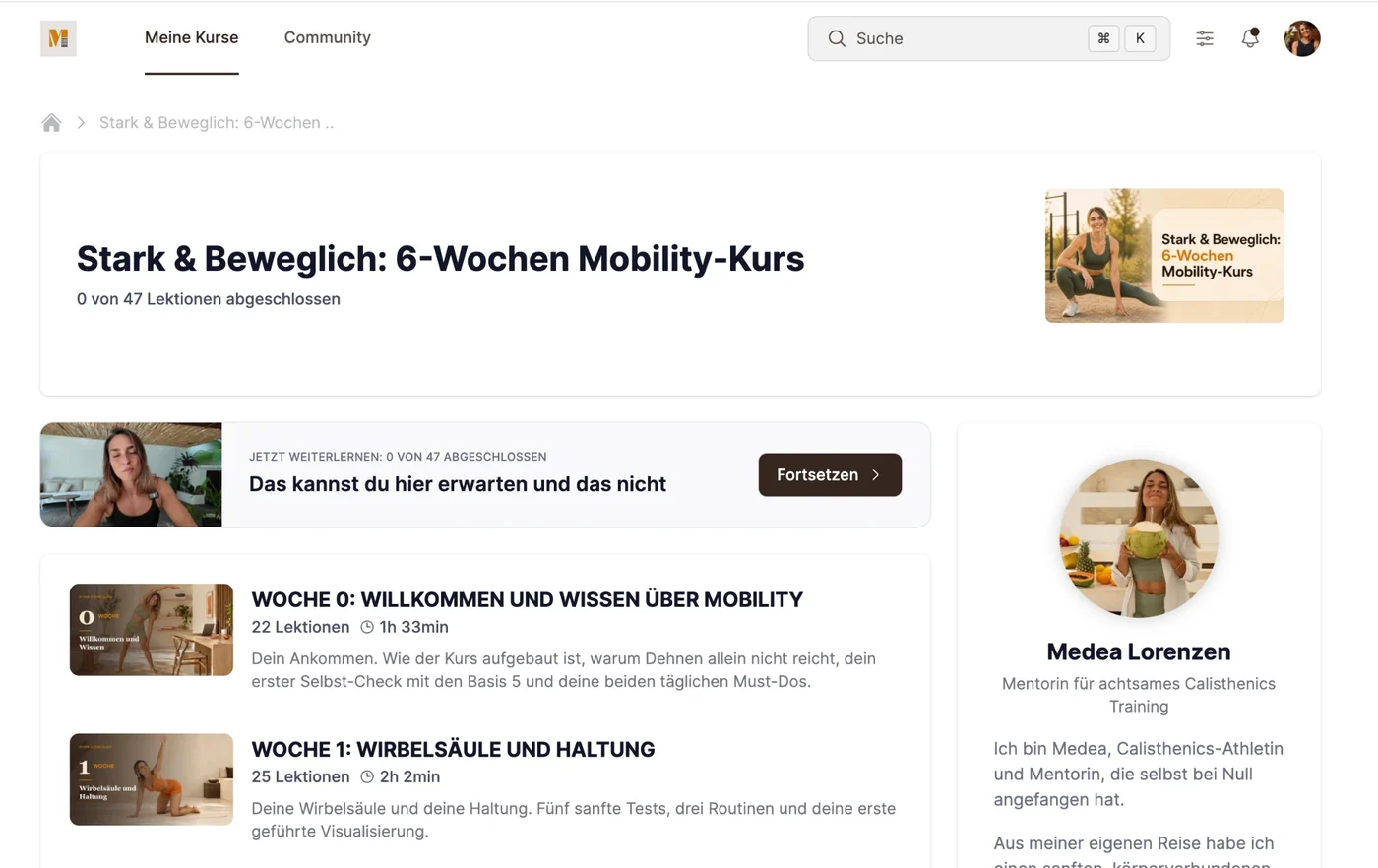 Die Kursübersicht in Memberspot: der Kurs Stark und Beweglich mit Woche 0 und Woche 1