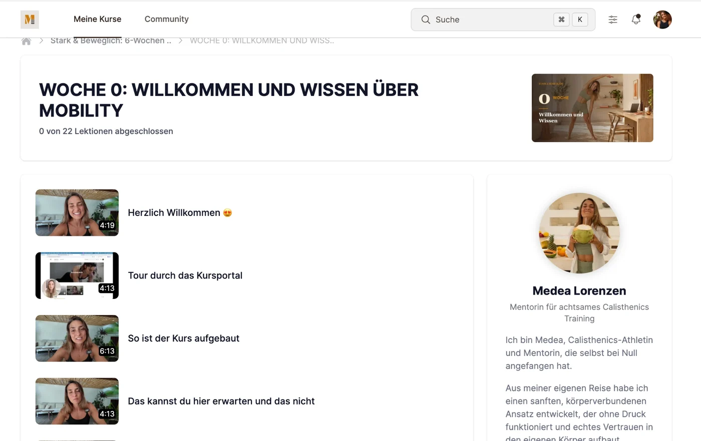 Woche 0 im Kurs mit den ersten Lektionen: Herzlich Willkommen, Tour durch das Kursportal, So ist der Kurs aufgebaut
